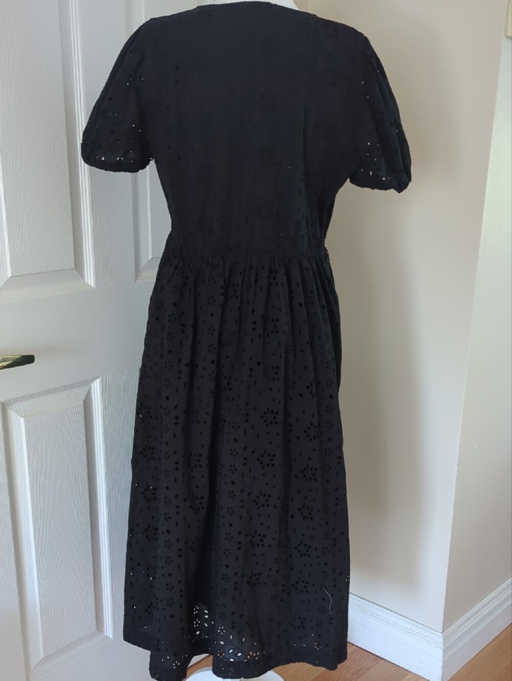 J. Crew Black Eyelet Midi Dress with Puff Sleeves and V-Notch - Picture 3 of 8